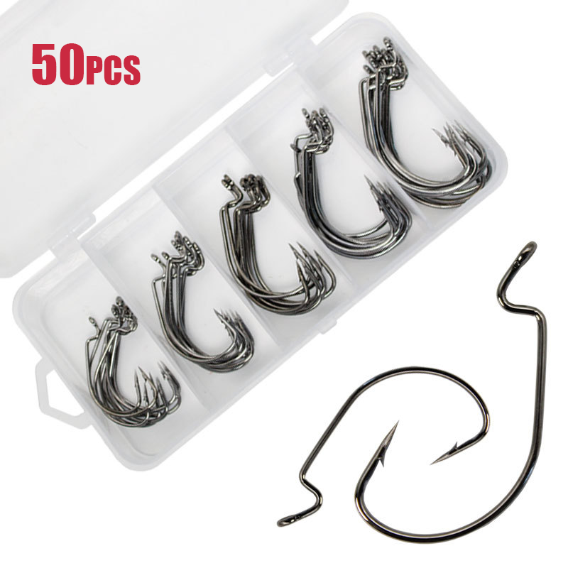 50pcs หนอนกว้างตะขอเหล็กคาร์บอ - Fishing Hook Offset บทวิจารณ์และราคา